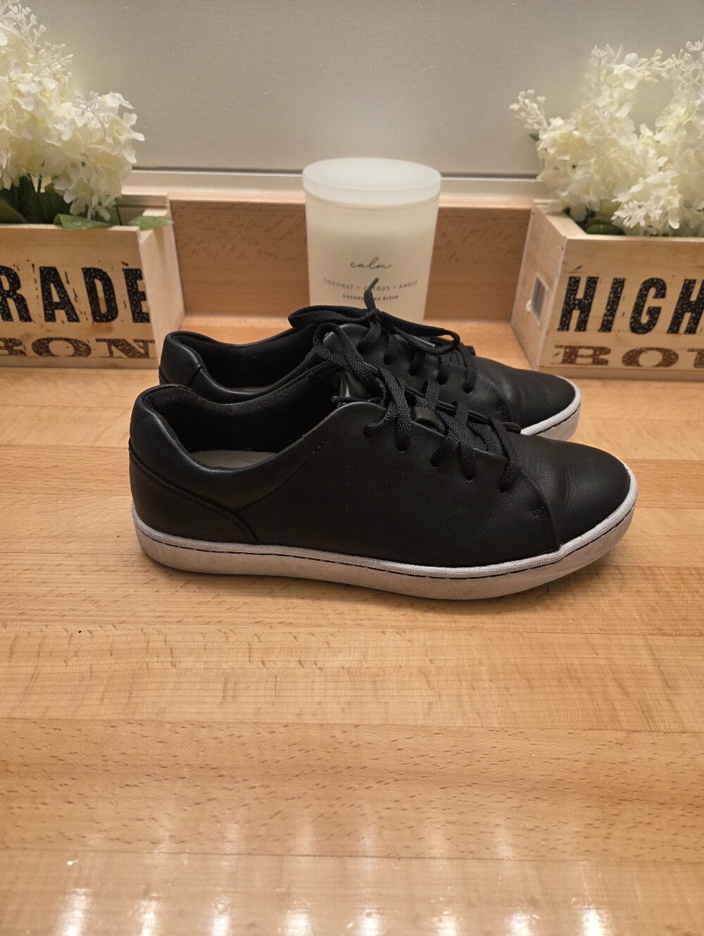 Clarks Pawley Springs Sneakers Black Leather Comfort Shoes Women's Size 7.5